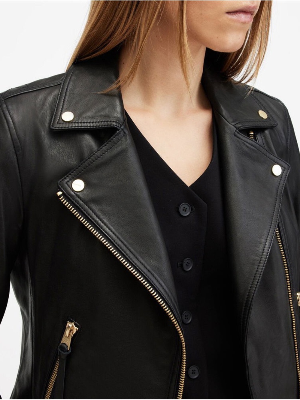 All Saints Black Leather Biker Jacket with Gold Hardware Accents - Picture 7 of 15